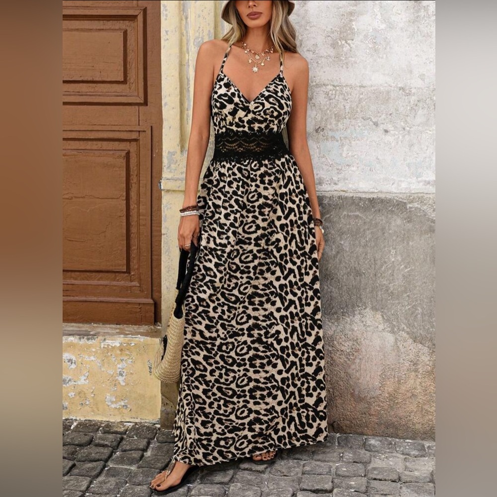 SHEIN Animal Print Maxi Dress with Black Lace